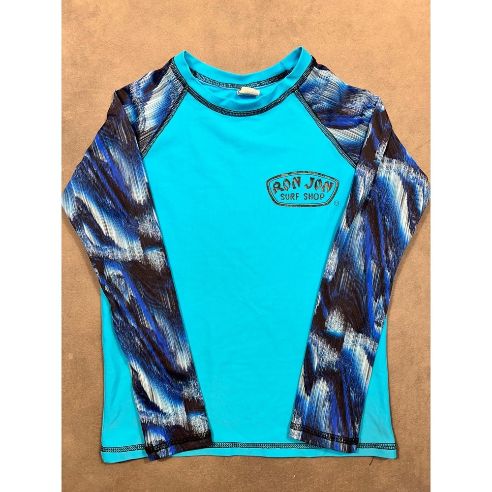 Kids Ron Jon Surf Shop Long Sleeve Rash Guard Swim Shirt Aqua Blue Print Size 12 - Picture 2 of 6